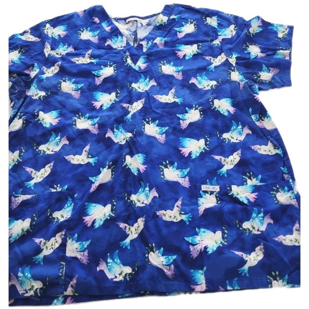 Cherokee Blue And White Bird Nurse Vet Tech Dental Scrub Pediatric VNeck Top XL